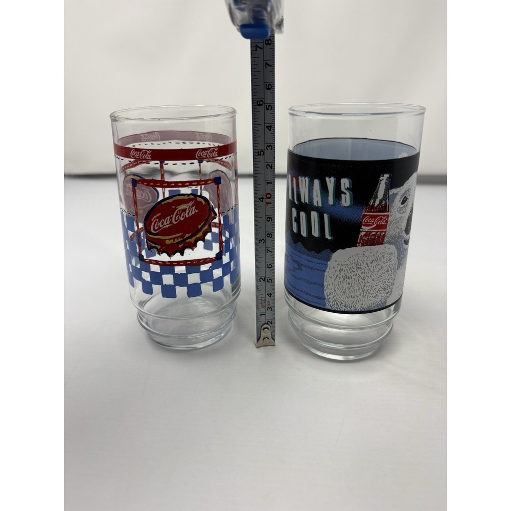 Set 2x Vintage Always Coca Cola Polar Bear Plaid Bottle Top Tumbler Glasses 1995